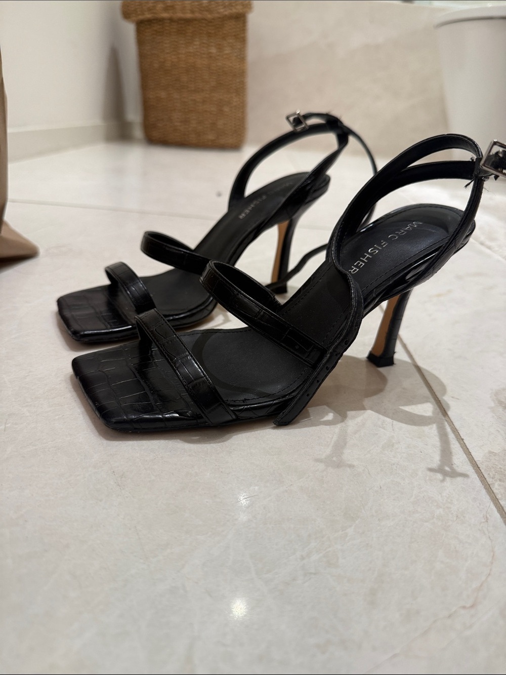 Marc Fisher Black Strappy Square-Toe Heeled Sandals